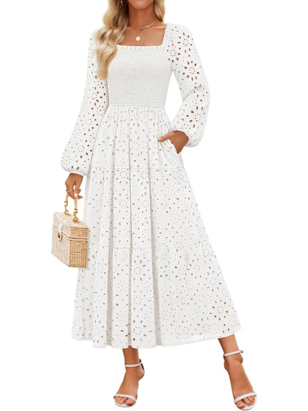 🆕Women's White Long Sleeve Square Neck LINE Mid Waist Pockets Maxi Dress